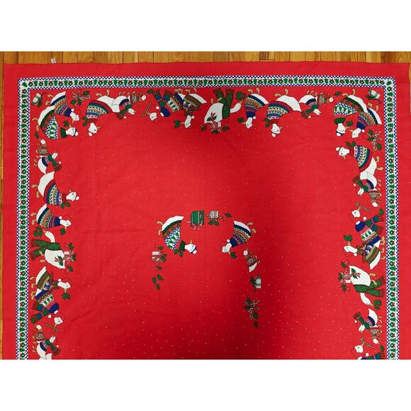 Vintage Sunweave Tablecloth Red Christmas Holiday Geese Holly Rectangular 102x60 - Picture 8 of 10